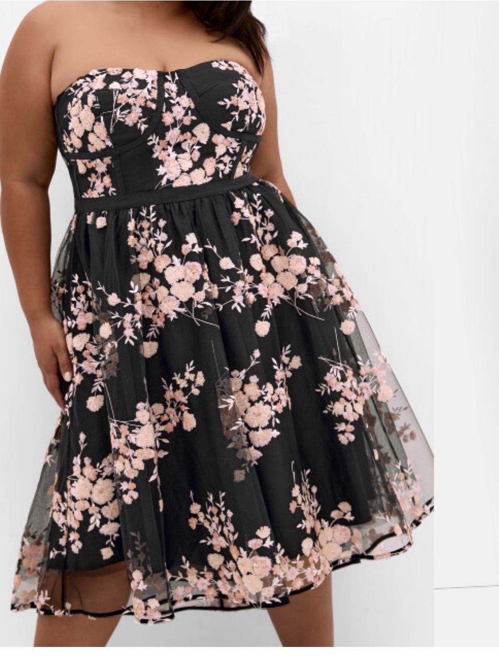 City Chic Black Mini Dress with Pink Floral Embroidery